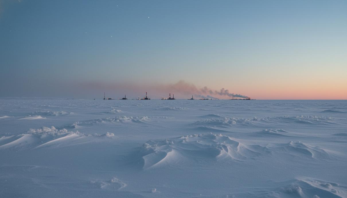 Заснеженная прибрежная равнина на Аляске с очертаниями промышленного оборудования на горизонте