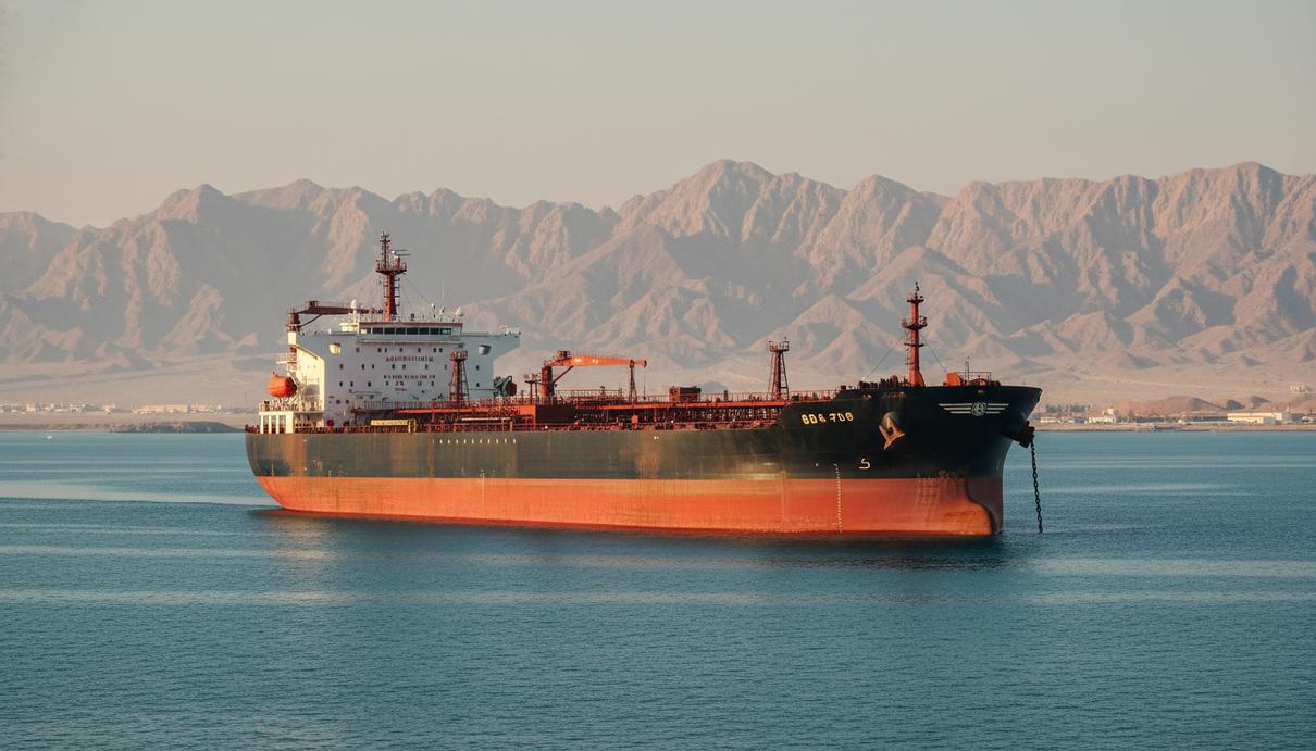 Крупный коммерческий танкер стоит на якоре в море на фоне скалистых гор и легкой дымки