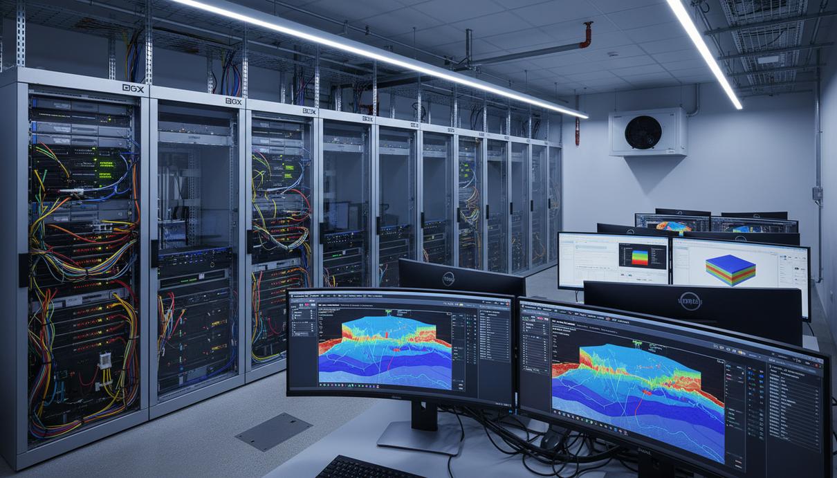 Серверное оборудование и мониторы с визуализацией сейсмических данных и моделей пластов