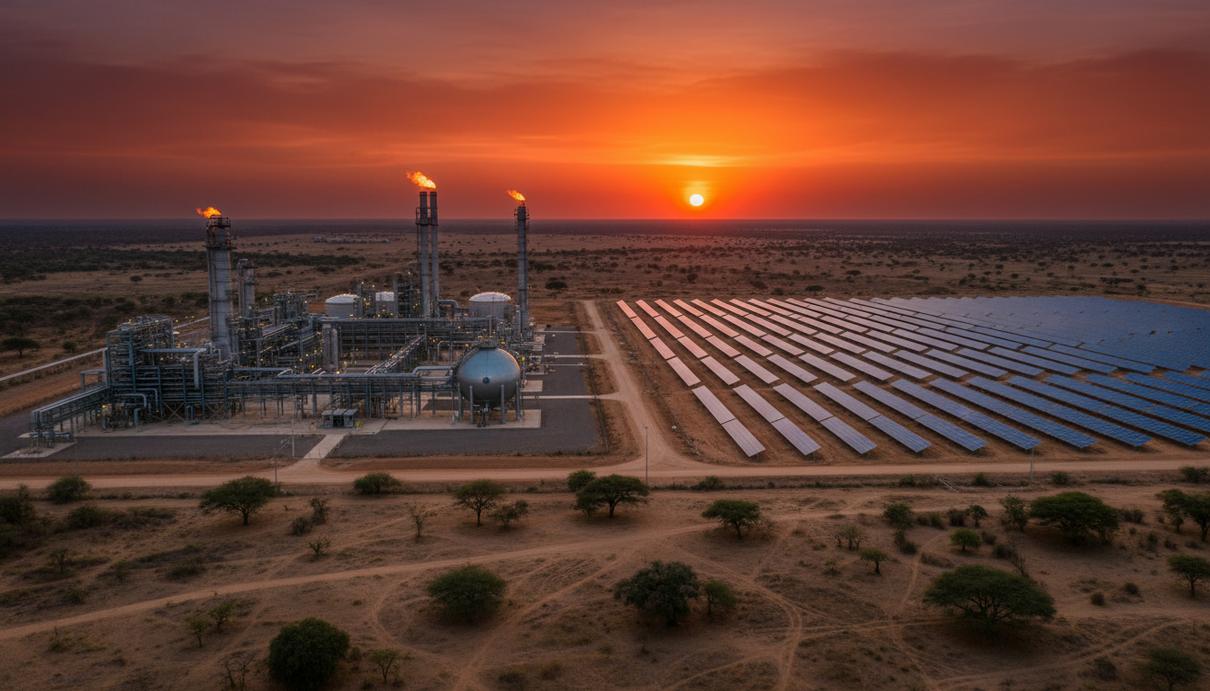 Промышленный комплекс с солнечными батареями и газовым оборудованием на фоне пустынного пейзажа