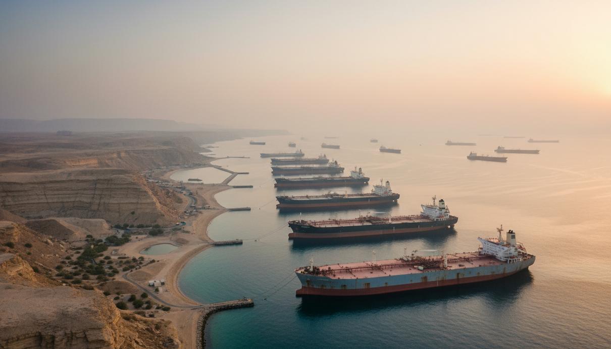 Нефтяные танкеры на рейде в Ормузском проливе на фоне скалистого побережья под дымчатым небом.