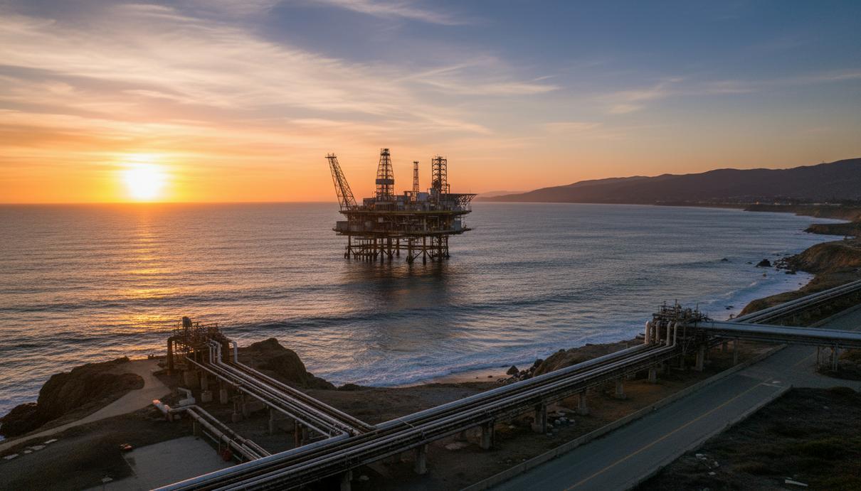 Нефтяная платформа в открытом море у побережья Калифорнии и промышленный трубопровод на берегу.