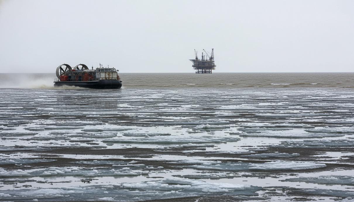Промышленное судно на воздушной подушке на мелководье Северного Каспия на фоне нефтяной платформы.