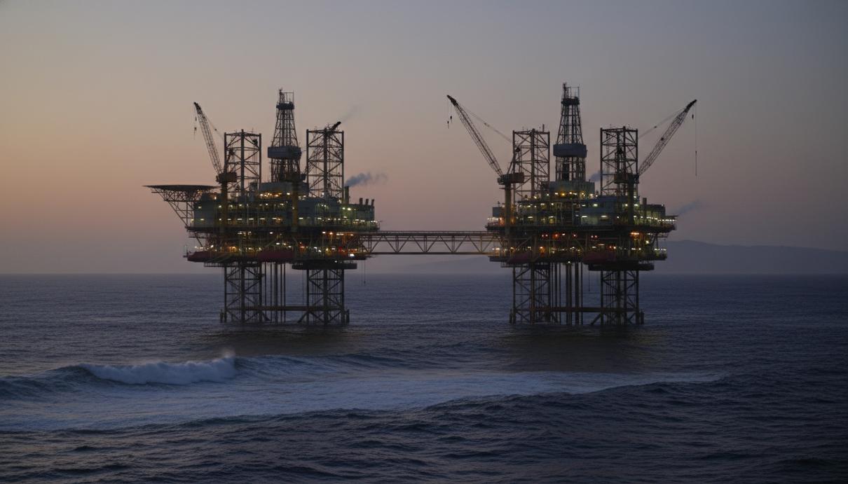 Нефтедобывающая платформа на калифорнийском шельфе в открытом море на закате.