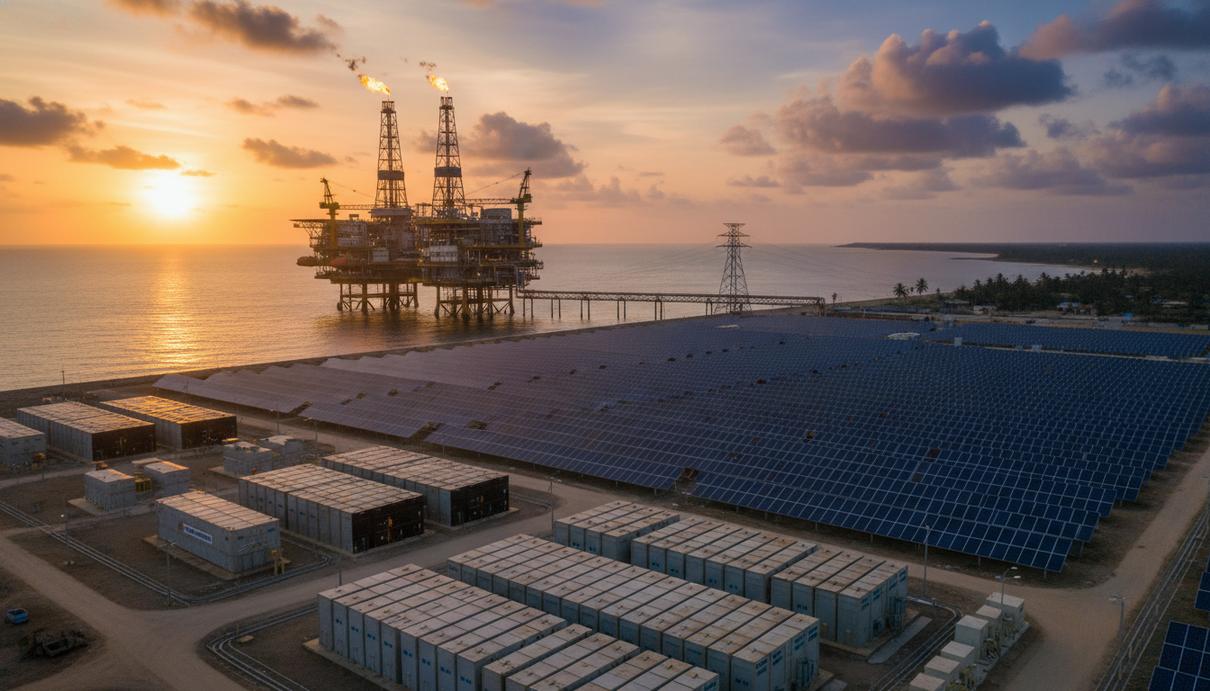 Нефтяная платформа в океане и солнечная электростанция с накопителями на берегу Ганы