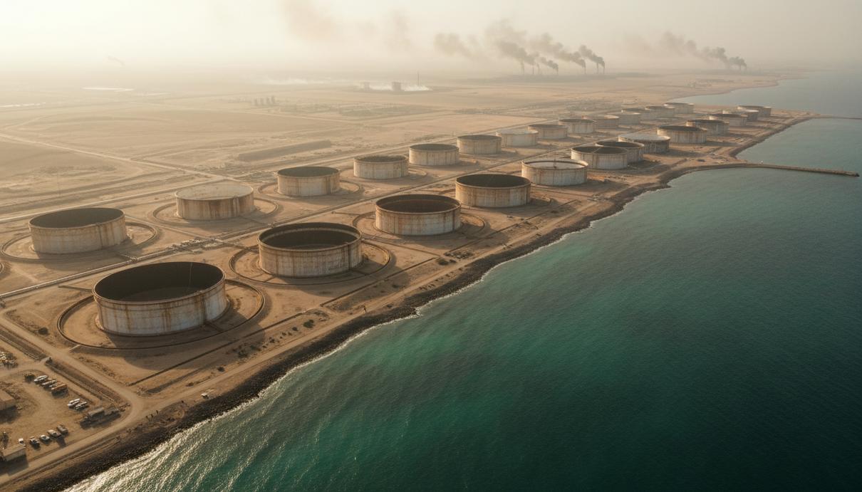 Береговая линия с нефтяными терминалами и пустые морские пути в районе Ормузского пролива.