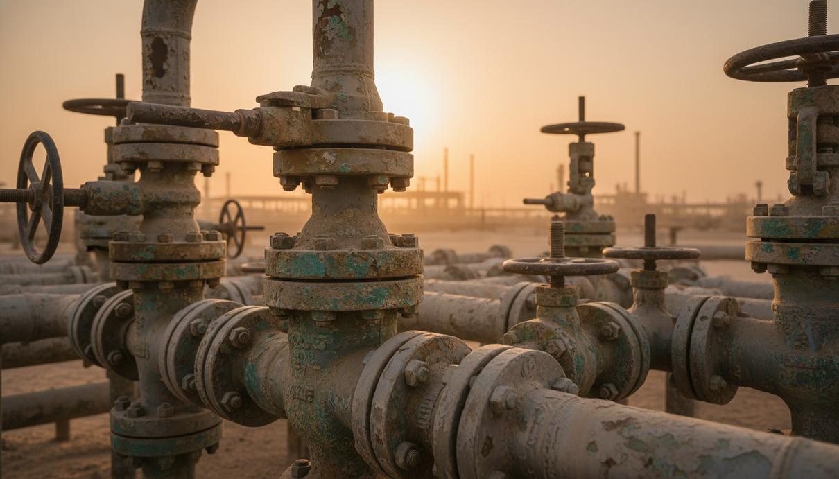 Крупный план изношенных и корродированных промышленных труб и задвижек на фоне пустынного пейзажа