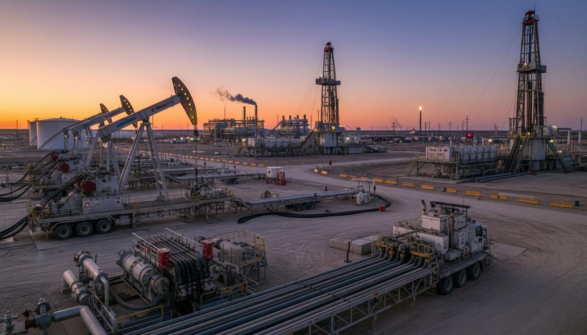 Промышленная площадка с нефтепромысловым оборудованием и установками для обслуживания скважин