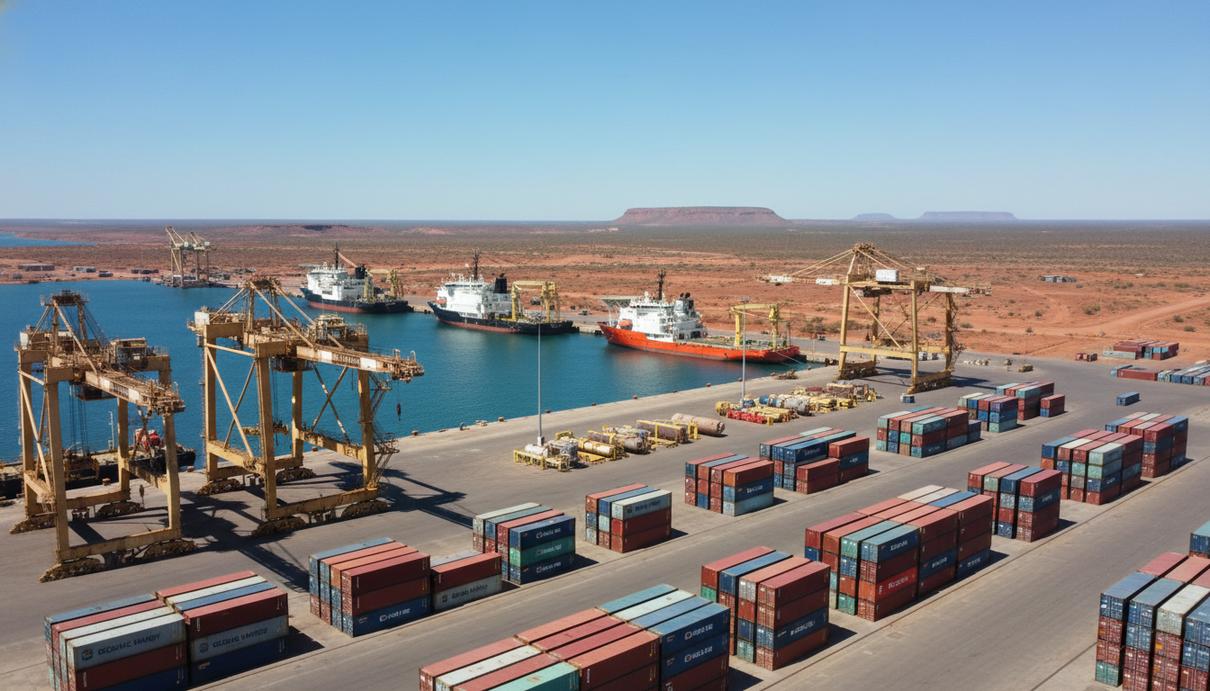 Грузовой порт в Австралии со специализированным оборудованием и судами снабжения у причала