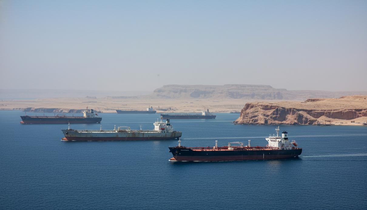 Нефтяные танкеры в Ормузском проливе на фоне пустынного побережья