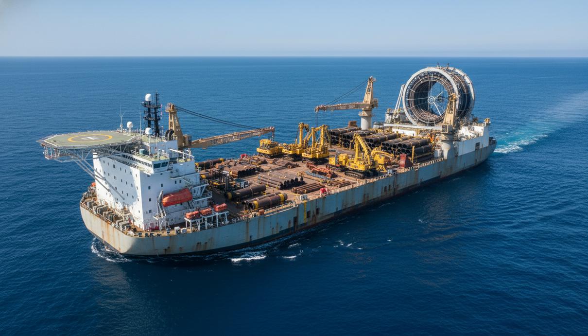 Промышленное судно и бухты подводного трубопровода на фоне океана.
