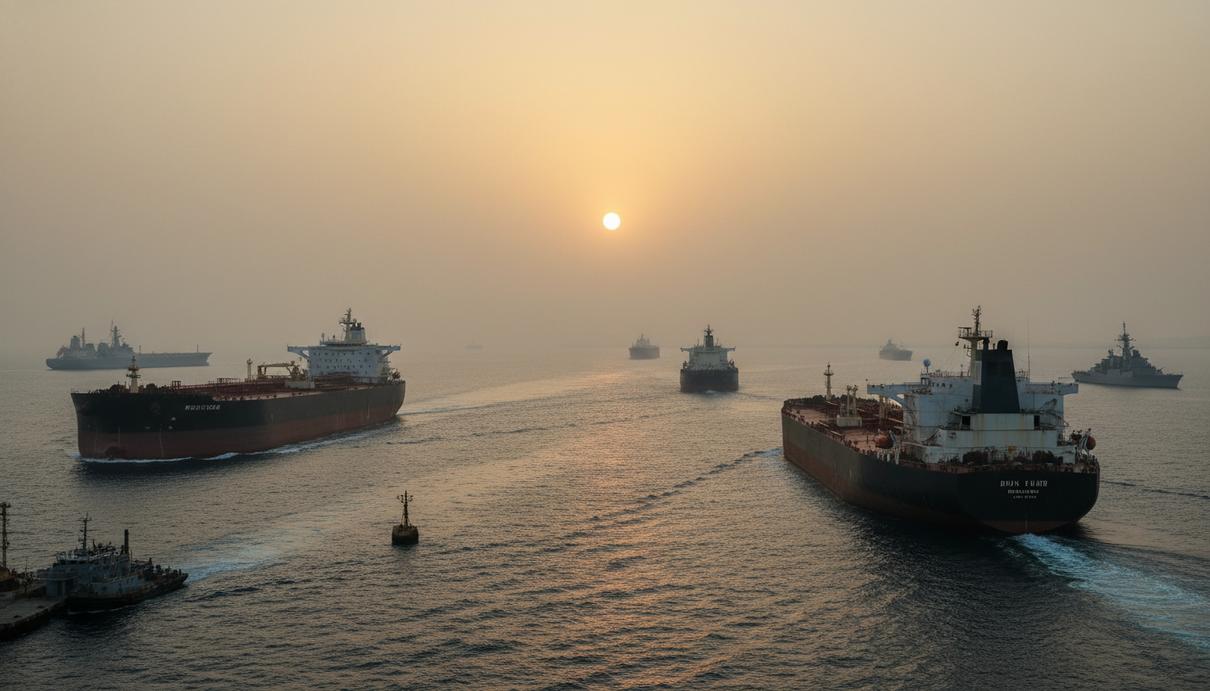 Нефтяные танкеры и военные корабли в Ормузском проливе в солнечную погоду