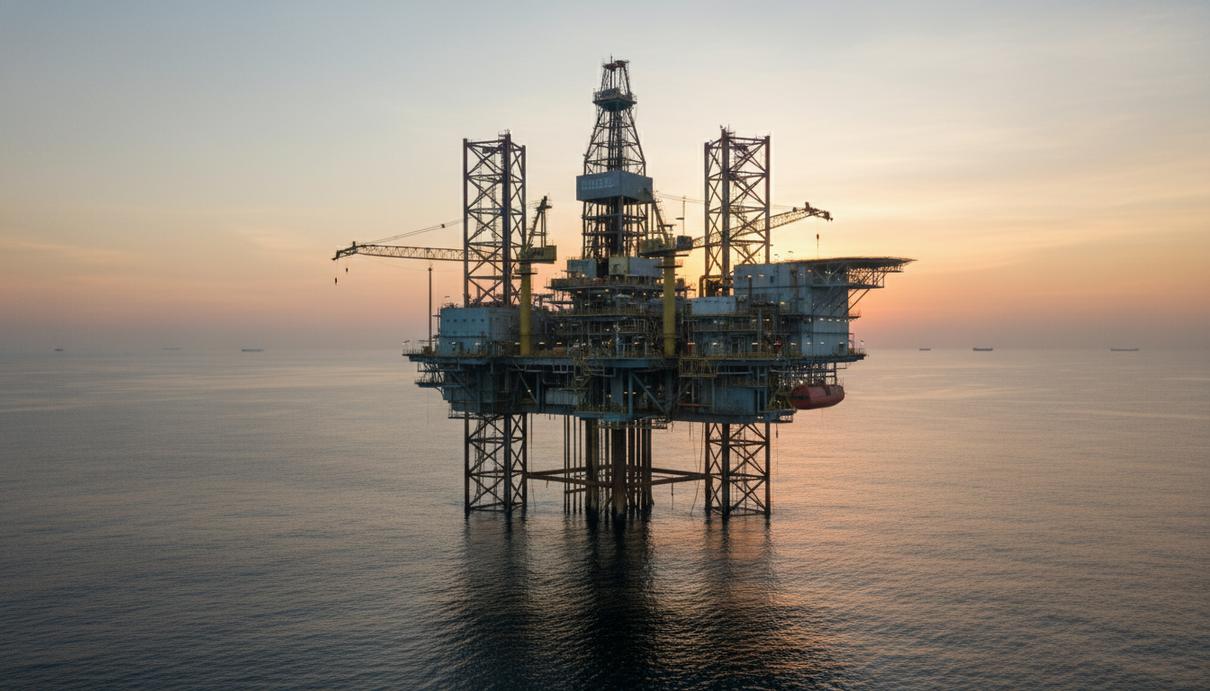 Глубоководная буровая платформа в открытом море на фоне предрассветного неба