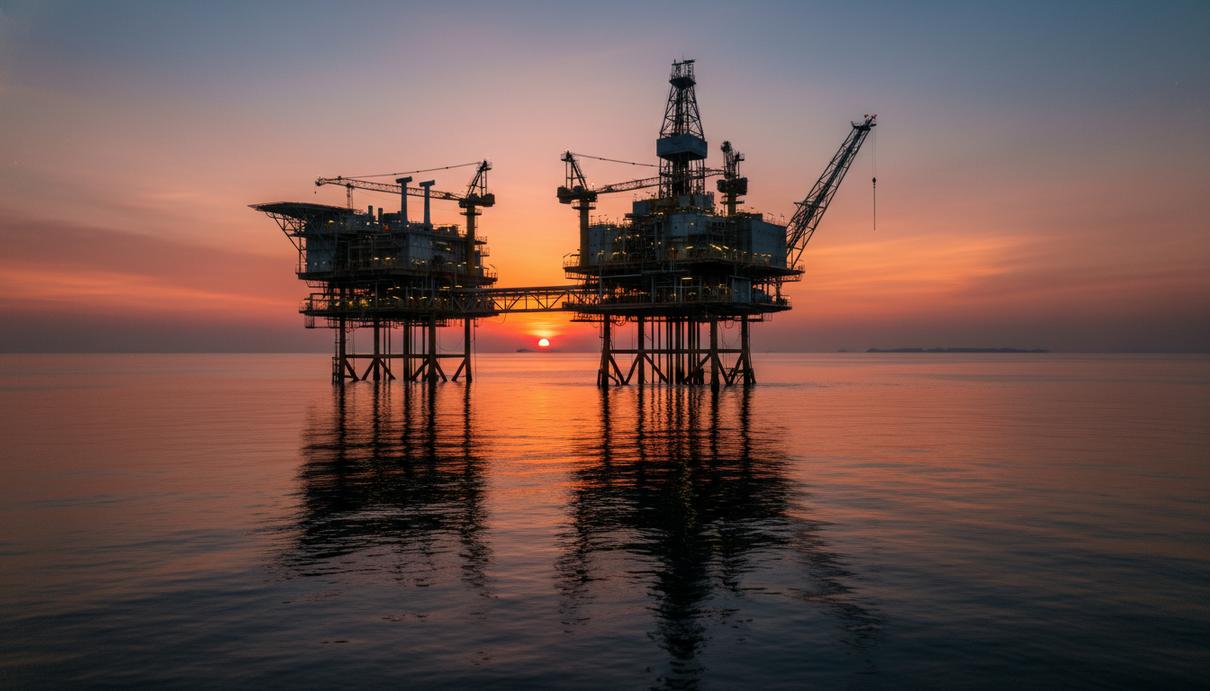 Вид на морскую нефтяную платформу с промышленными конструкциями на фоне вечернего неба