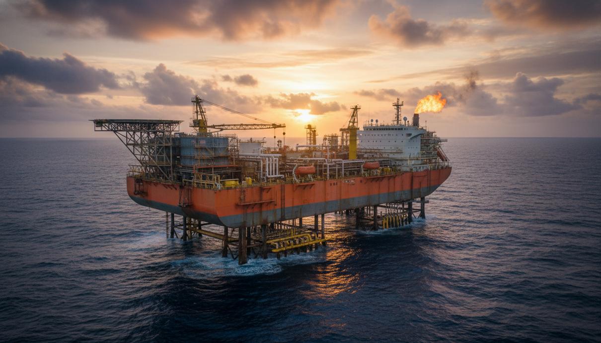 Морская буровая установка и судно для добычи и хранения нефти в открытом море на фоне заката.