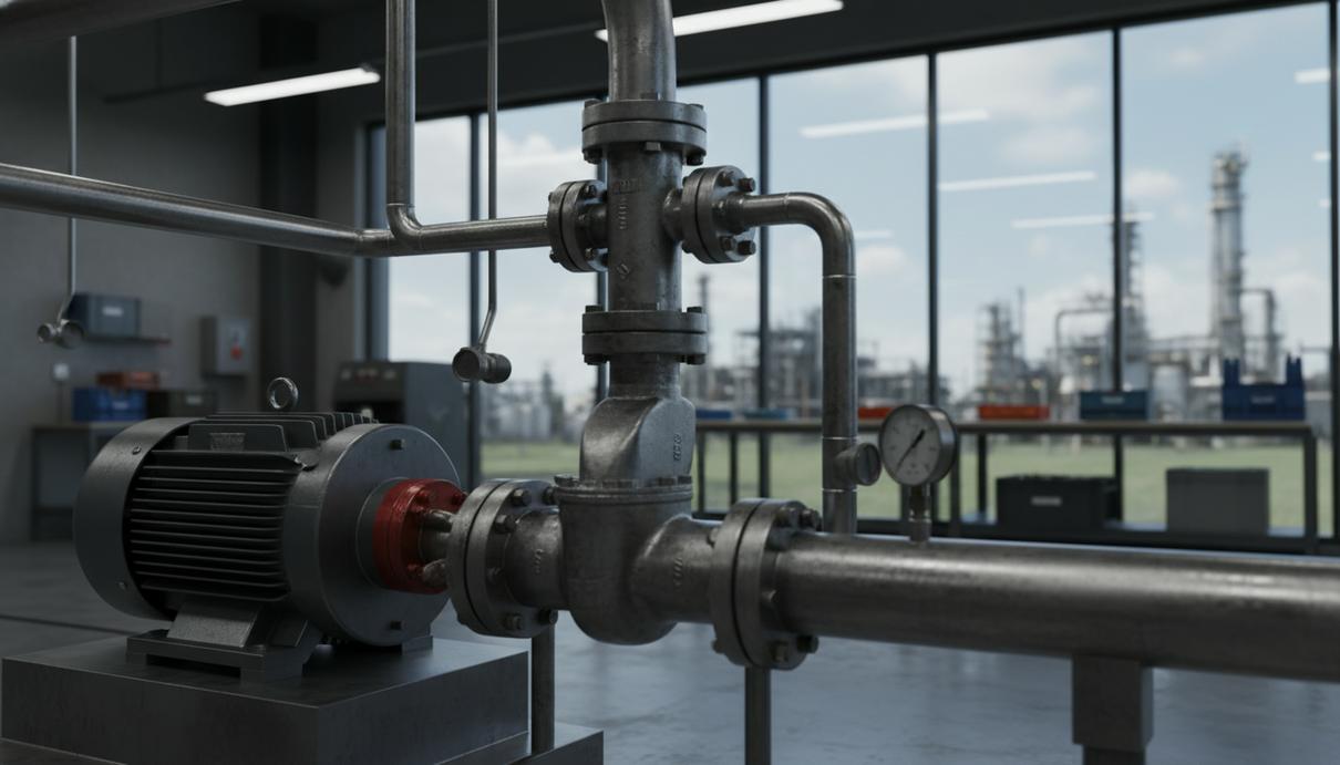 Промышленный центробежный насос и регулирующий клапан со стальными трубами в технической лаборатории.