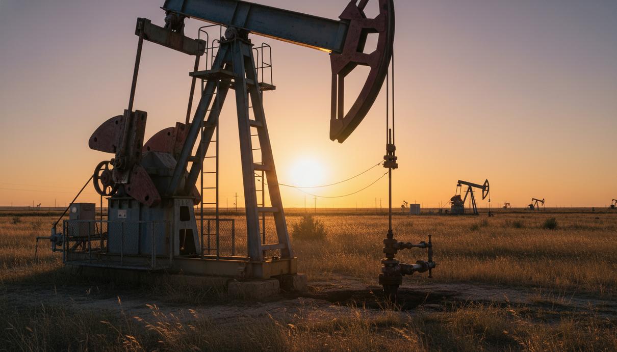 Нефтяной станок–качалка на месторождении в лучах заката