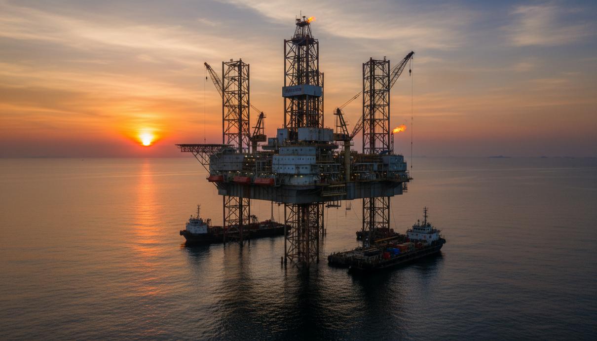 Самоподъемная буровая установка на стальных опорах в открытом море Сиамского залива на закате
