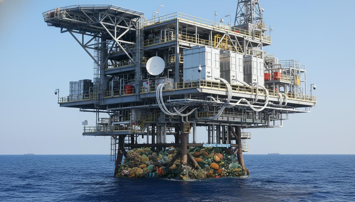 Современная морская платформа в открытом море с установками для улавливания углерода и датчиками