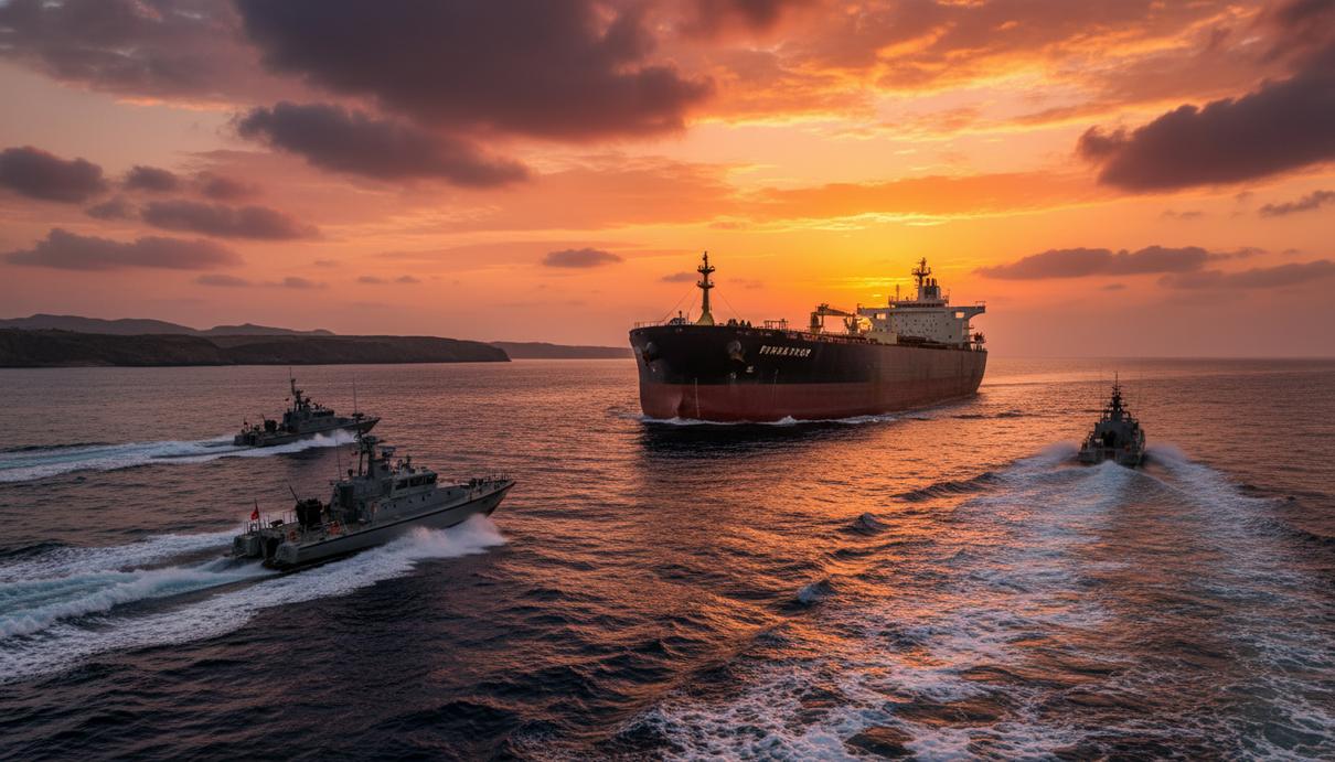 Нефтяной супертанкер и сопровождающие его военные катера в акватории Ормузского пролива.