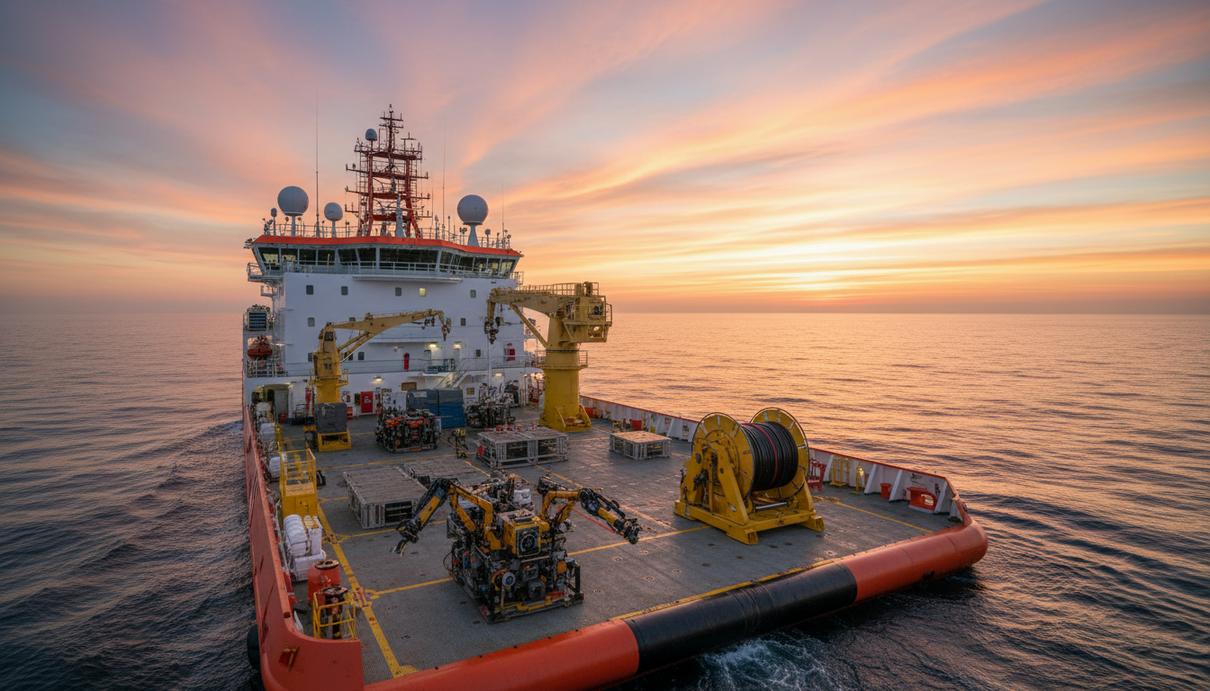 Большое специализированное судно и подводное оборудование на фоне открытого моря на закате