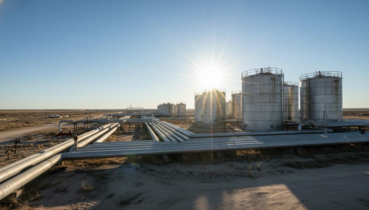 Металлические трубопроводы и крупные резервуары нефтегазового терминала на открытой местности