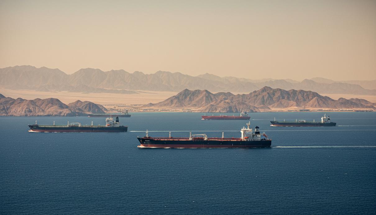 Промышленные нефтяные танкеры проходят через Ормузский пролив на фоне пустынных гор и синего моря