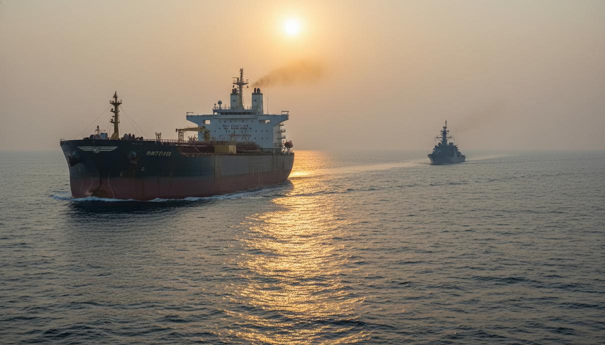 Нефтяной супертанкер в открытом океане на фоне военного корабля вдалеке во время заката.