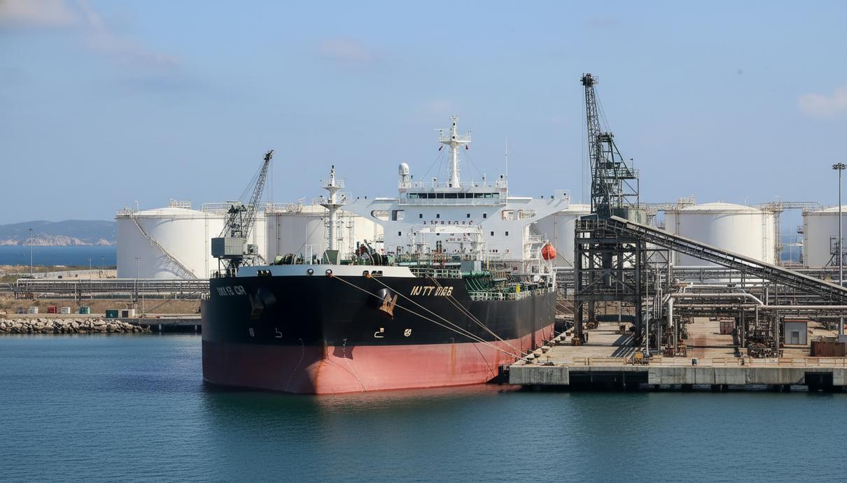 Крупный нефтяной танкер у причала промышленного порта на фоне топливных резервуаров и морского залива.