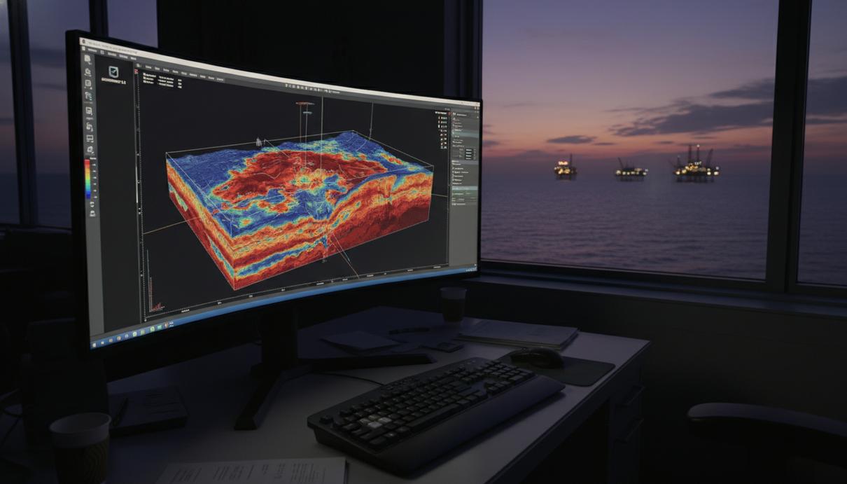 Монитор с трехмерной картой геологических пластов на фоне буровых вышек за окном в сумерках.