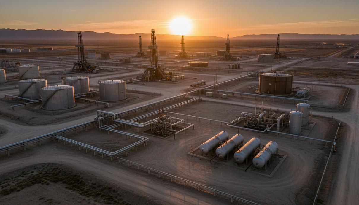 Нефтедобывающие вышки и трубопроводы на фоне засушливого пейзажа бассейна Вака-Муэрта в Аргентине