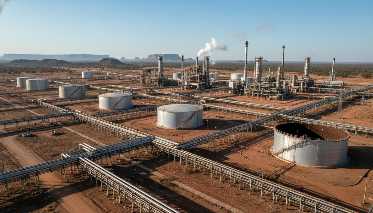 Промышленный комплекс нефтеперерабатывающего завода и сеть металлических трубопроводов в Африке