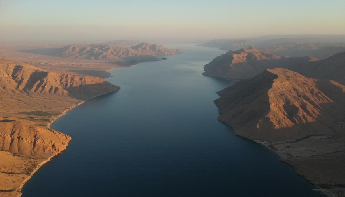 Вид сверху на спокойный морской пролив между пустынными горами при отсутствии торговых судов.