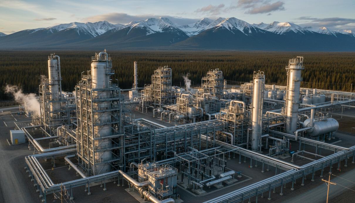 Промышленный газоперерабатывающий комплекс с трубопроводами на фоне гор и хвойного леса.