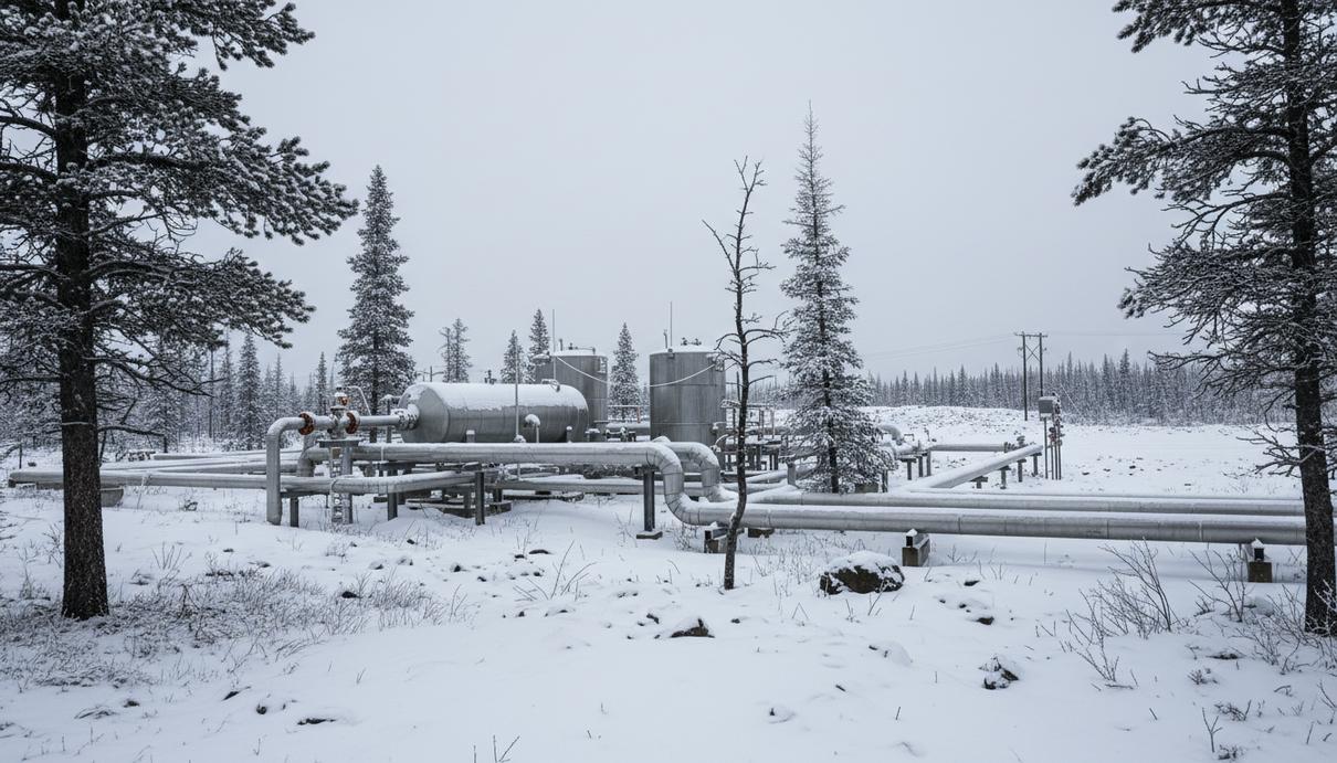 Промышленный комплекс по подготовке газа и трубопроводы на фоне заснеженного хвойного леса.