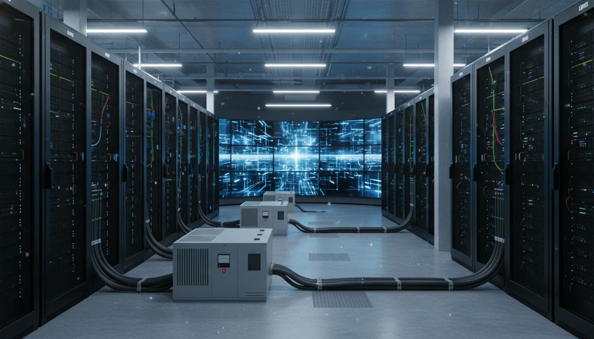 Ряды серверных стоек в центре обработки данных и оборудование системы электроснабжения
