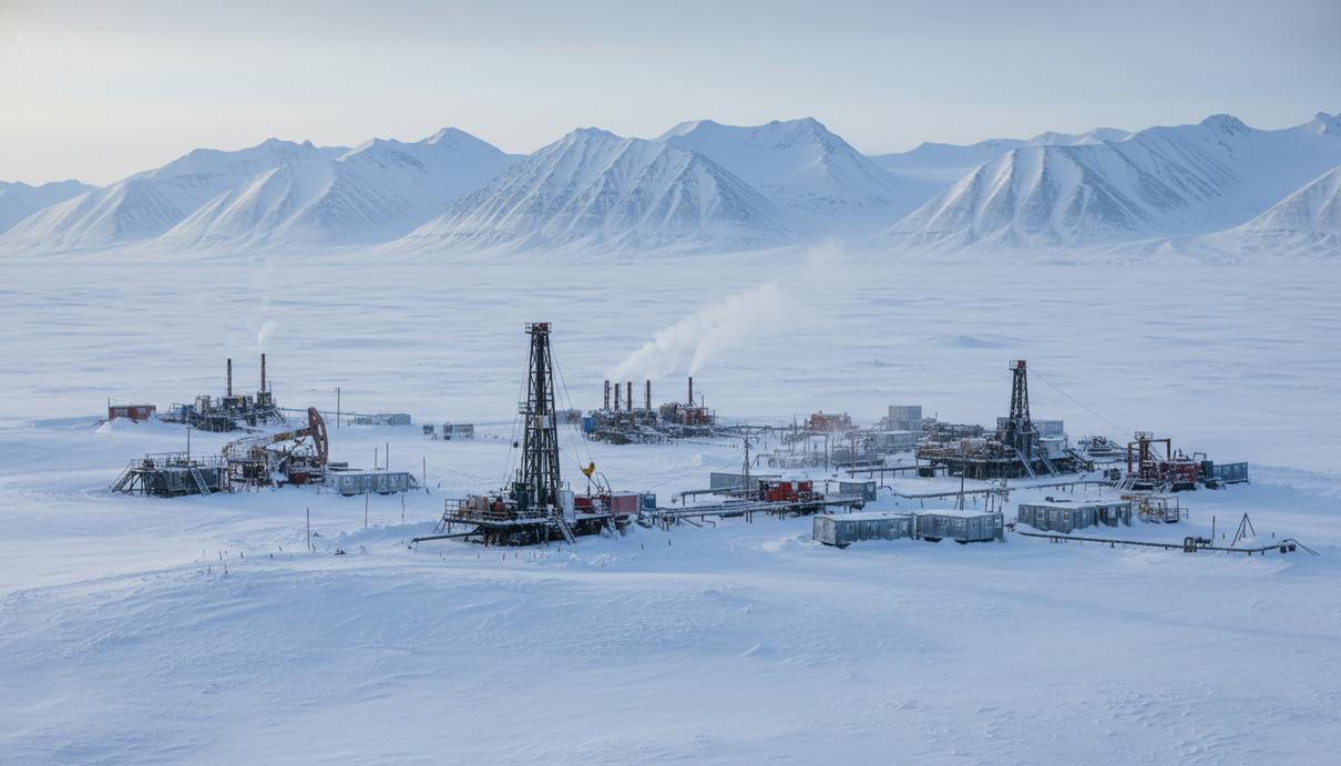 Буровая площадка с оборудованием на фоне заснеженных гор и арктической тундры в Гренландии.