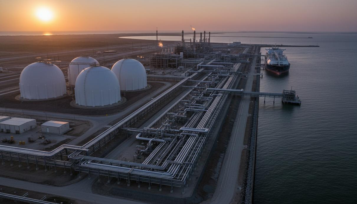 Промышленный терминал сжиженного природного газа с резервуарами и трубопроводами на берегу моря.