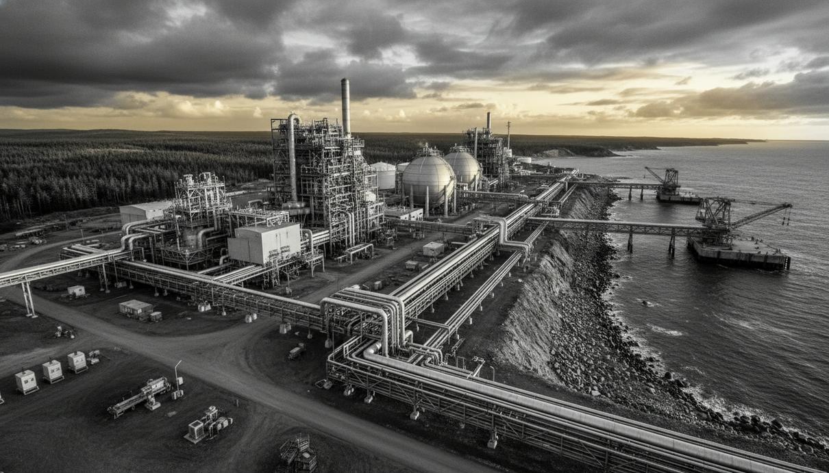 Промышленный комплекс по сжижению природного газа со стальными трубопроводами и инфраструктурой на побережье