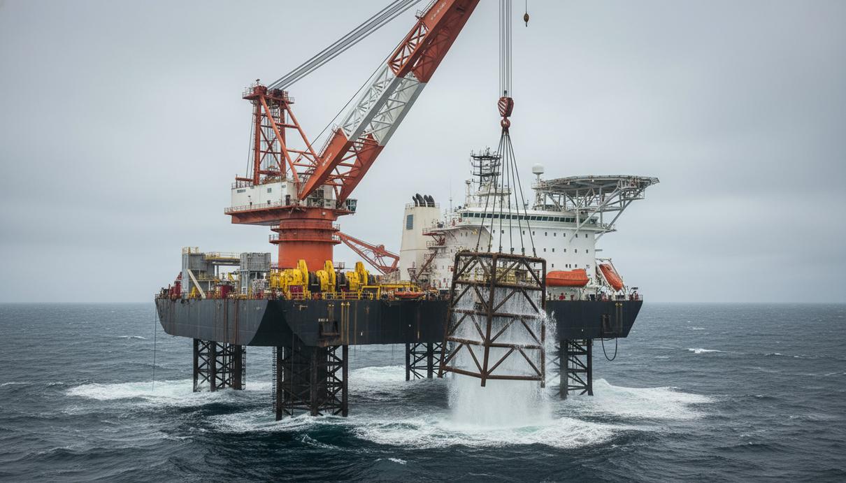 Petrodec приступила к демонтажу платформ Perenco в Северном море Промышленное судно с подъемным краном демонтирует металлическое основание платформы в открытом море.