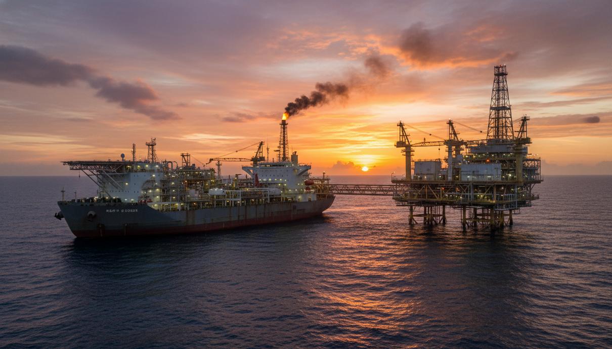 Плавучая нефтедобывающая установка в открытом море в лучах заходящего солнца