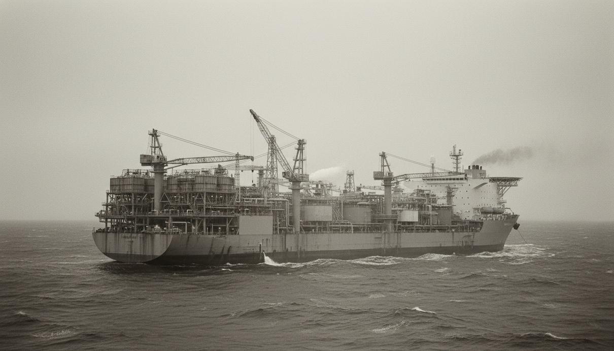 Промышленное судно для добычи нефти в открытом море на фоне волн и туманного горизонта.