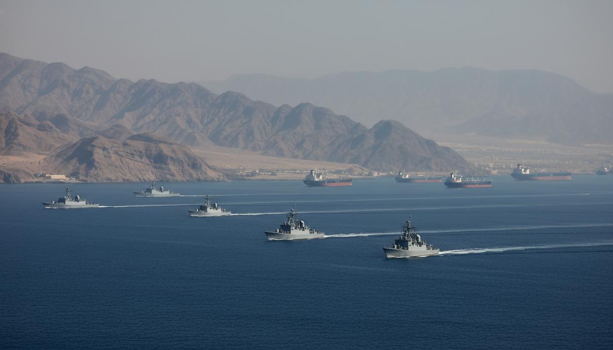 Военные корабли в море на фоне горного побережья и силуэтов танкеров в дымке