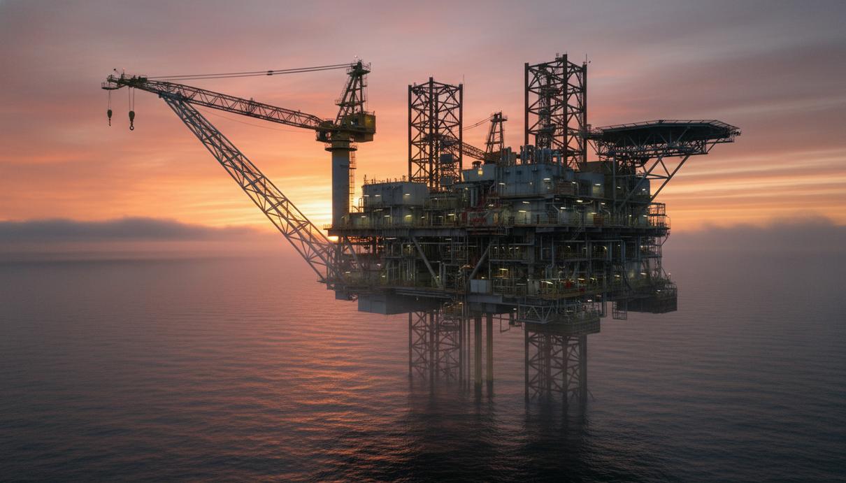 Промышленная нефтяная платформа в открытом море на фоне вечернего неба.