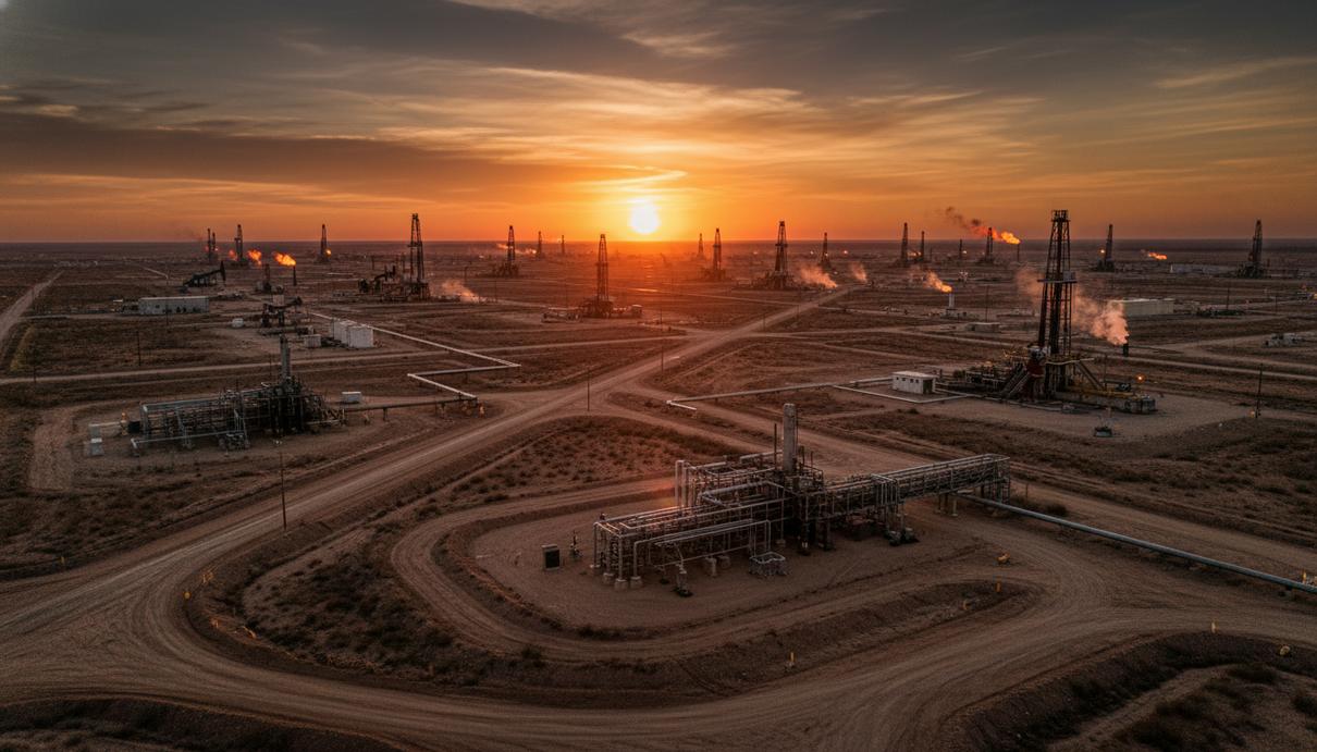 Промышленный комплекс по добыче нефти с буровыми установками и резервуарами на фоне заката
