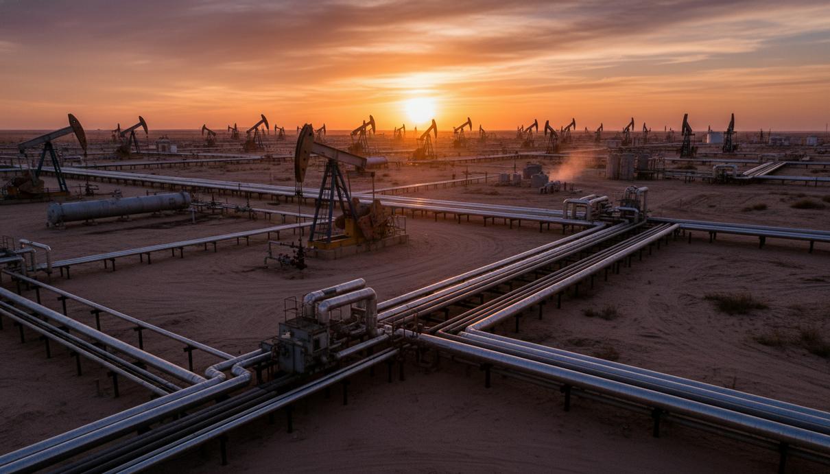 Нефтяные вышки и сеть промышленных трубопроводов на фоне заката в пустынной местности Техаса.