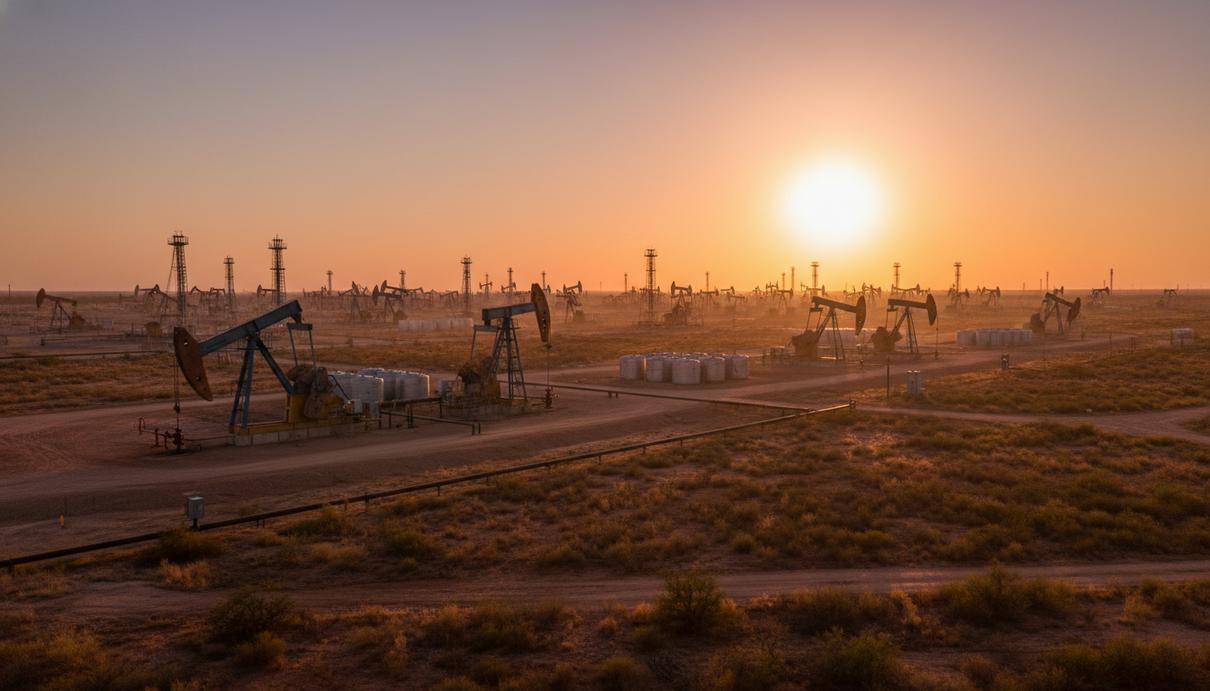 Нефтяные качалки и промышленные резервуары на фоне заката в степях Южного Техаса