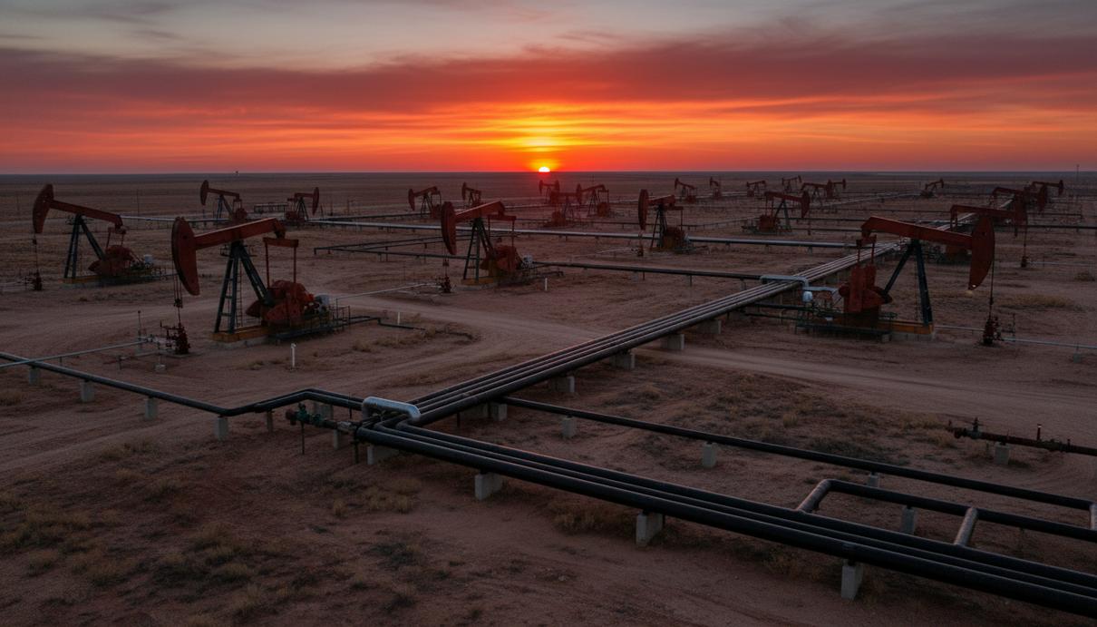 Нефтяные вышки и насосы-качалки в пустынном ландшафте Техаса на закате солнца
