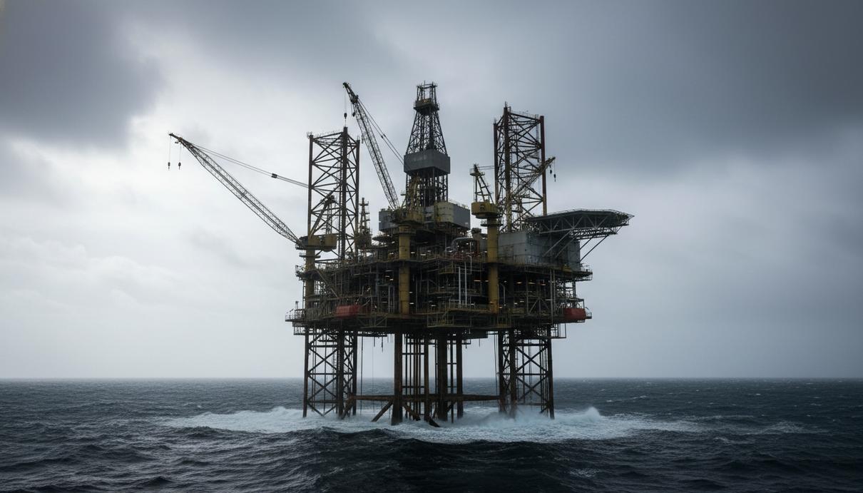 Нефтяная платформа в открытом море на фоне пасмурного неба и серых волн