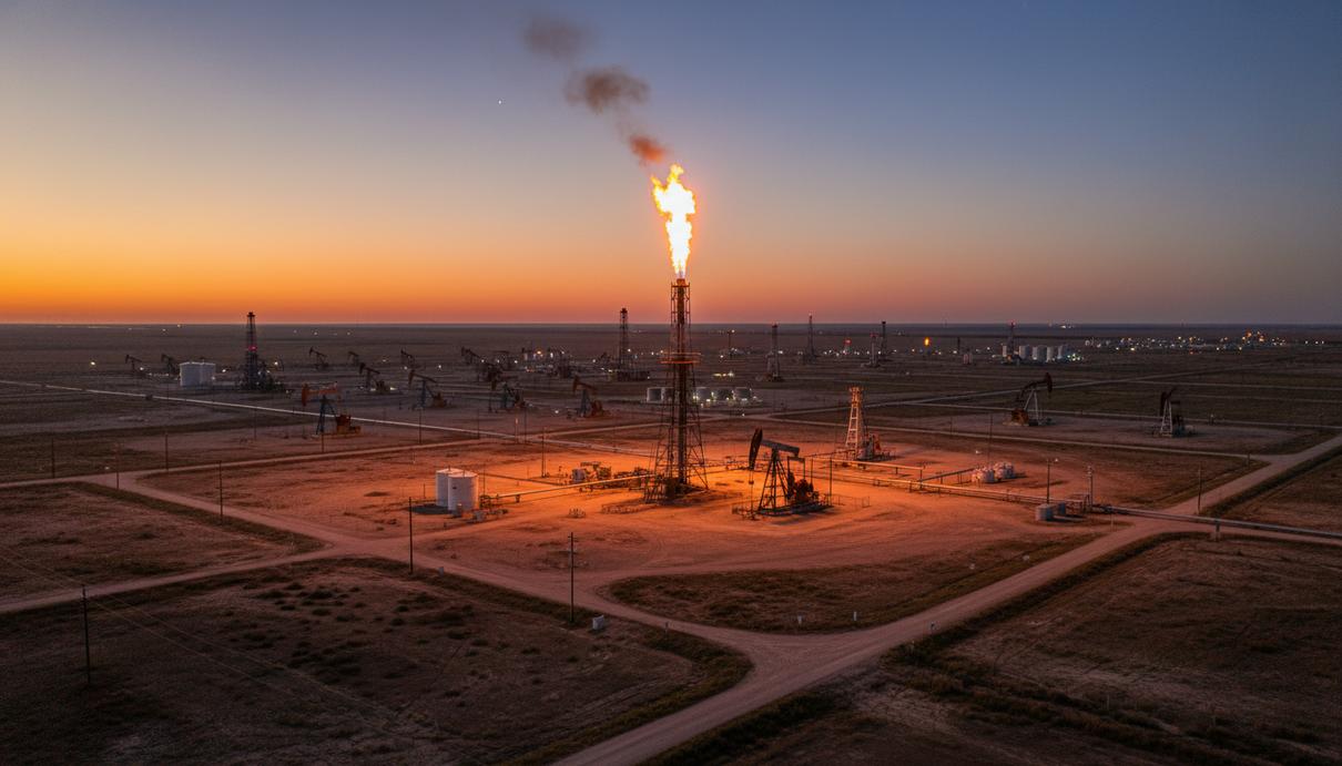 Нефтяное месторождение с работающей факельной установкой для сжигания газа в вечернее время.
